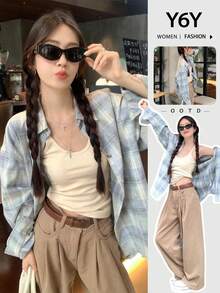 2025新款格子衬衫，女士薄款开衫长袖衬衫，秋冬季 - 藍色 - 查看 1