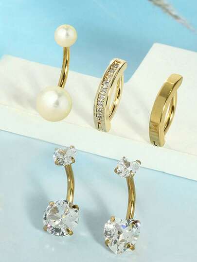 5 قطع/مجموعة من حلقات ثقب السرة المطلية بالذهب من الفولاذ المقاوم للصدأ مزينة بالزركونيا المكعبة، مناسبة للارتداء اليومي