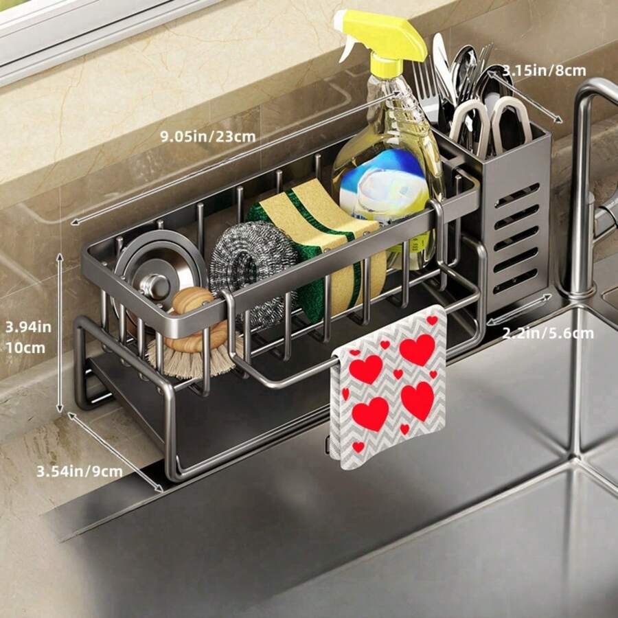 Kitchen Sink Caddy, Detachable Storage Organizer, Dish Rack Sponge Holder, Countertop Soap Brush Dispenser, Bathroom Organizer - Black - View 1