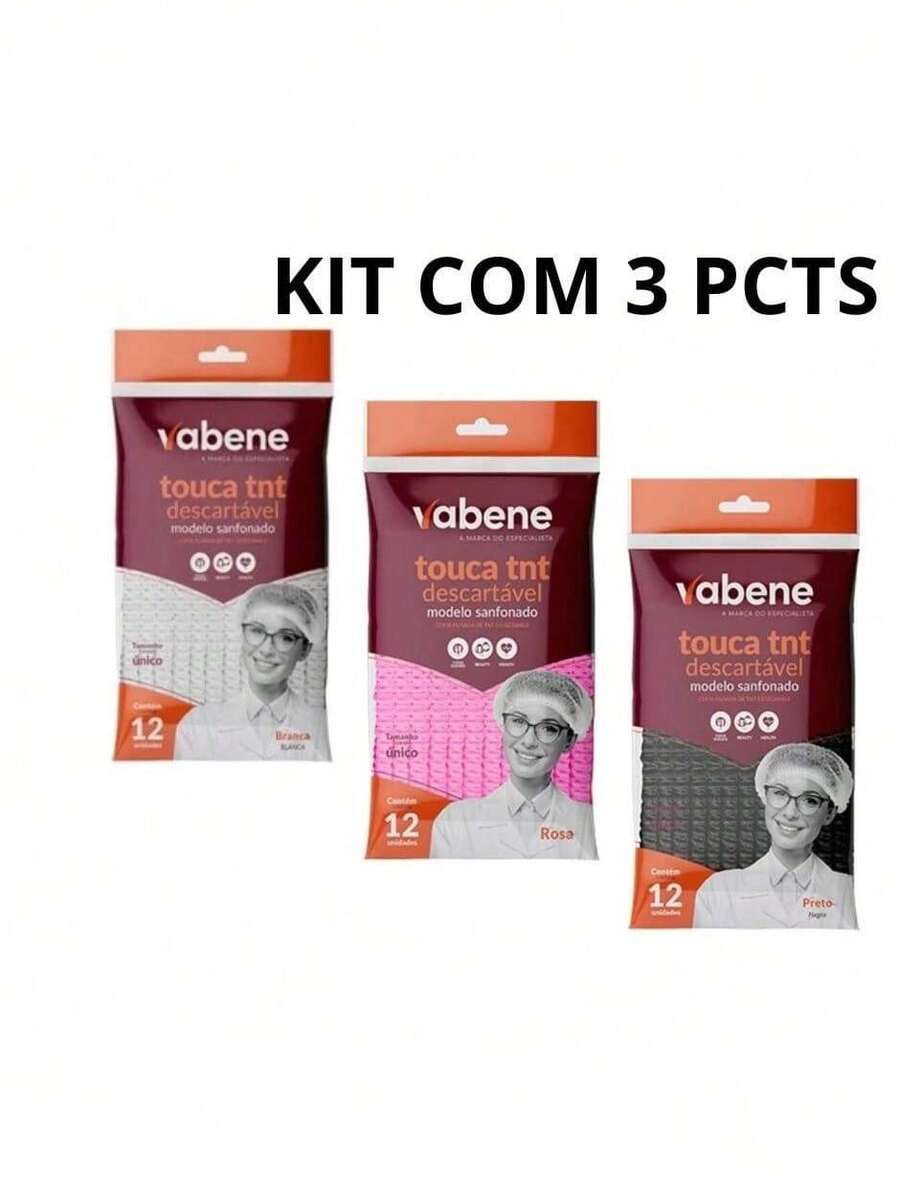 Kit 3 Pac Touca Descartável TNT Sanfonada Vabene Com 12 unidades Cada - Branco - Visão 1