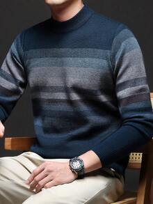 Navy Blue Men's Checkered Stripe Casual Crew-Neck Thick Knit Sweater, Winter, For Fall, Long Sleeve Top - Navy Blue - View 2