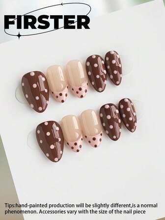 10 piezas de uñas postizas cortas de almendra hechas a mano, uñas postizas, uñas marrones, uñas simples para uso diario, uñas postizas de otoño, uñas brillantes, uñas con puntas francesas, uñas con lunares, uñas acrílicas postizas, adecuadas para damas de oficina, citas diarias, té de la tarde y actividades al aire libre