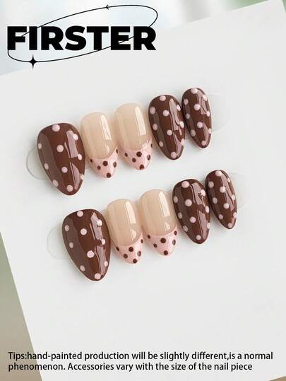 10 piezas de pegatinas de uñas en forma de almendra corta hechas a mano, pegatinas de uñas marrones, pegatinas de uñas minimalistas para uso diario, pegatinas de uñas de otoño, pegatinas de uñas brillantes, pegatinas de uñas de manicura francesa, pegatinas de uñas con lunares, pegatinas de uñas acrílicas, adecuadas para la oficina, citas diarias, el té de la tarde y actividades al aire libre