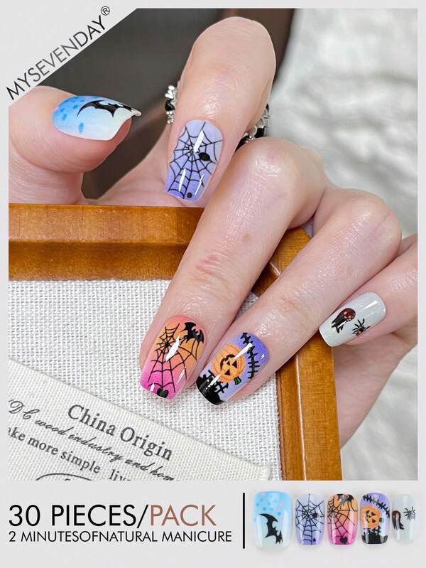 30 Peças de Unhas Postiças Quadradas/Curtas com Tema de Halloween, Conjunto de Unhas Acrílicas Falsas com Ajuste Perfeito, Incluindo 1 Cola de Gelatina e 1 Lixa de Unha, Adequado para Trabalho Diário, Estudo e Reuniões de Mulheres no Outono e Inverno. Produtos de Unhas Adequados para Reuniões, Festivais e Uso Diário