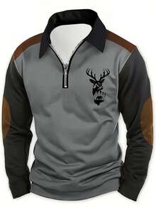 Men's Polo Shirt, Colorblock Deer Print Half-Zip Collar Long Sleeve Polo Top, Suitable For Casual Daily Wear, Outdoor Activities, Golf And More, Spring/Autumn - Grey - View 11