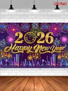1件2026新年快乐背景布，彩色烟花图案背景布，150*100厘米涤纶背景布，新年庆祝用品，新年派对装饰，新年拍照道具，新年装饰品，节日派对用品 - 彩色 - 查看 7