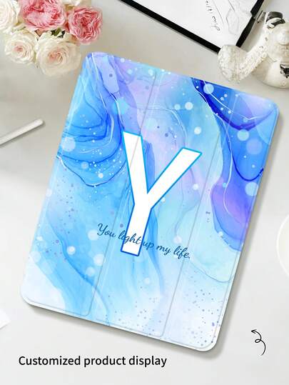 Marble Blue 26 Letter Painted Flat Tablet Case, Customizable Text, Clear Printed Image, Built-In Pen Slot, Triple-Fold Stand, Flip Tablet Case, Suitable For IPad Mini4/Mini5/Mini6/Air/Air2/9.7/10.2/10.5/Air4/Air5/10.9/Pro 11-Inch/10th/11th/IPad Air 11-In.(M2)-2024 2025 Models, Galaxy Tab A8 10.5 Inch 2022 Model, Product Does Not Include Pen