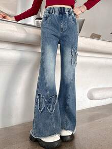 休闲百搭刺绣喇叭裤少女牛仔裤 - 藍色 - 查看 4