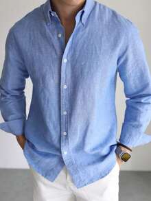 Men's Casual Bamboo Fiber Soft Breathable Commute Solid Color Button-Up Shirt - Màu xanh lam - Xem 6