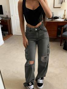 Women's Distressed, Multi-Pocket, Loose-Fitting, Casual Utility Jeans - Grey - View 3