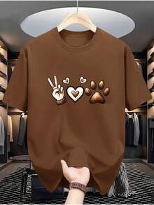 Men's T-Shirt, 100% Premium Cotton, Short Sleeve, Love Paw Print, Pet Dog Design, Stylish, Crew Neck, Plain, Casual Fashion. - 鏽棕色 - 查看 1