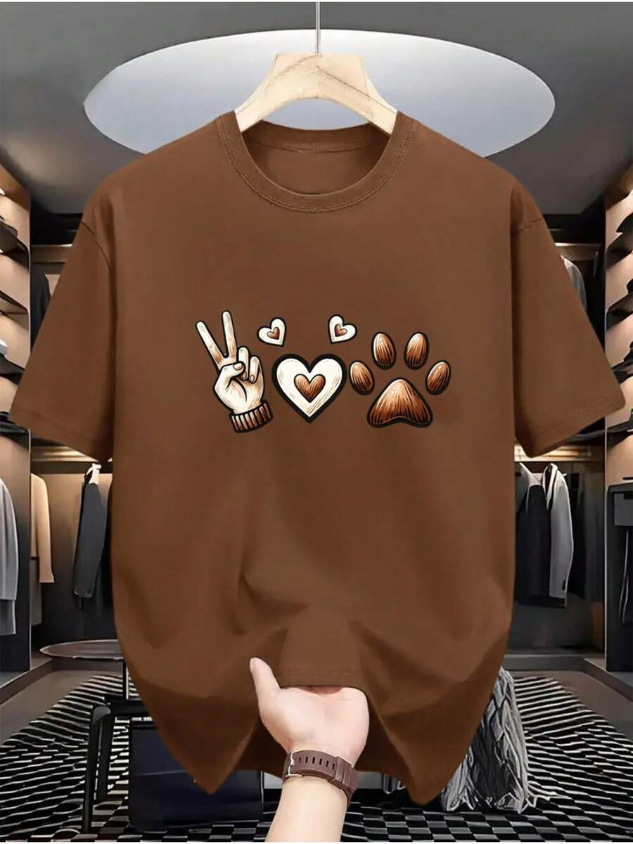 Men's T-Shirt, 100% Premium Cotton, Short Sleeve, Love Paw Print, Pet Dog Design, Stylish, Crew Neck, Plain, Casual Fashion. - 鏽棕色 - 查看 1