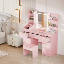 Devoko Vanity Unit With LED Lighting, 3-Stage Brightness Control, Vanity Unit With Adjustable Mirror, 7 Drawers And Open Shelves, Modern Wooden Dressing Table For The Bedroom, Stylish Contemporary Design, Stepless Dimming, White/Pink/Black - 粉色 - 查看 2