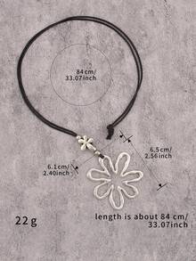 1件简约银白色不对称镂空花朵合金吊坠项链，时尚日常长款项链，配棕色蜡绳，适合年轻女性、女友佩戴 - 銀白色不規則鏤空花 - 查看 6