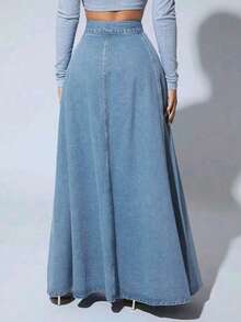 女士中长款无弹力牛仔裙，休闲中长款牛仔裙 春季 - 中等水洗藍 - 查看 2