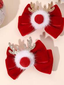 2pcs Christmas Reindeer Antlers Hair Bows For Baby Girls Bow Alligator Clips With Gold Glitter Reindeer Antlers Decor Solid Color Bow Hair Clips Solid Color Fall Winter Barrettes New Year Gift For Girls Elegant Hairpins Holiday Party Headpiece Baby Hair Accessories - Red - View 4