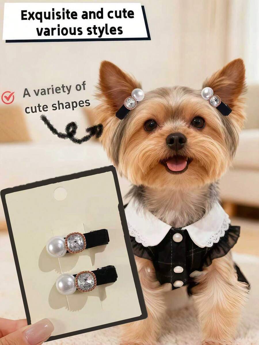 2 buc. Accesorii/cleme elegante și drăguțe pentru păr de câine/pisică, stil prințesă, versatile, la modă, decorațiuni cu perle și diamante, design elegant, mini cleme antiderapante, fotogenice, potrivite pentru animale de companie mici - Alb-negru - Vizualizare 1