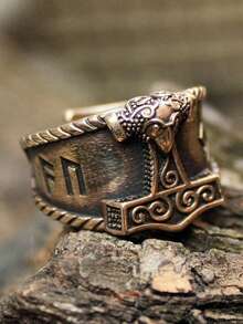 1 Piece 2026 New Women's Fashionable Rune Thor's Hammer Retro Style Alloy Bronze Ring Suitable For Daily Party Size 7~11 - 銅色 - 查看 4