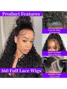 ZHENDEFA Jerry Curly 360°蕾丝前假发，真人发丝，升级版隐藏式绑带，360°高清透明蕾丝假发，带抽绳，预先拔毛，带婴儿发，女士款，自然黑 - SNatural - 查看 3