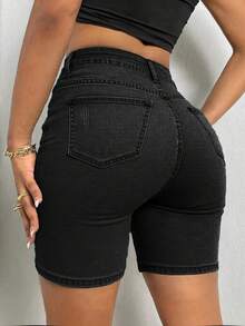 Quần short denim bó sát co giãn MUZZ dành cho nữ, kiểu dáng thường ngày mùa hè, trang trí ria mèo, phù hợp cho kỳ nghỉ, bãi biển, buổi hòa nhạc, lễ hội âm nhạc, tạo nên phong cách "cô nàng denim" cá tính. Màu đen. - màu đen - Xem 3