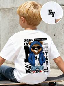 Young Boy Summer Casual Bear Slogan Print Short Sleeve T-Shirt - White - View 6
