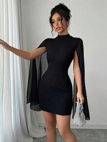 Elegant Women's Short Party Dress With Tulle Sleeves And Flare Detail - Fashionable - màu đen - Xem 1