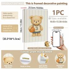 1pc, Canvas Wall Art, Framed Nursery Wall Decor, Teddy Bear Baseball Theme Painting, Teddy Bear Basketball Theme Painting, Teddy Bear Soccer Theme Painting, Sports-Themed Nursery Decor, Suitable For Children's Room Decor, Animal-Themed Nursery Art, Blue Striped Design Playroom Decor, Children's Room Artwork, Nursery Decorative Painting, Kindergarten Decor, Sports Enthusiast Decor Gift, Playroom Decor, Maternity Room Decor