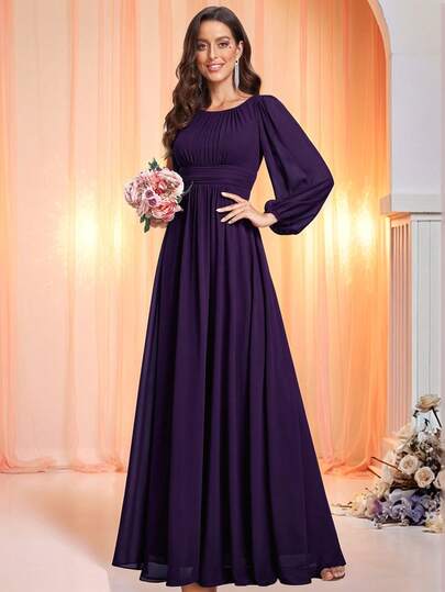 Elegant Autumn Chiffon Round Neck Lantern Sleeve Long Sleeve Deep Purple Bridesmaid Dress, Suitable For Special Occasions, Galas, Wedding Guests, And Spring Garden Wedding Ceremonies