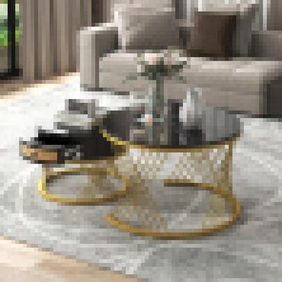2-In-1 Round MDF Coffee Table, Side Table With Wood Top And Plastic Rattan Drawers, Solid Wood Handles, Gold Iron Legs. 70*70*45.5+50*50*38.5