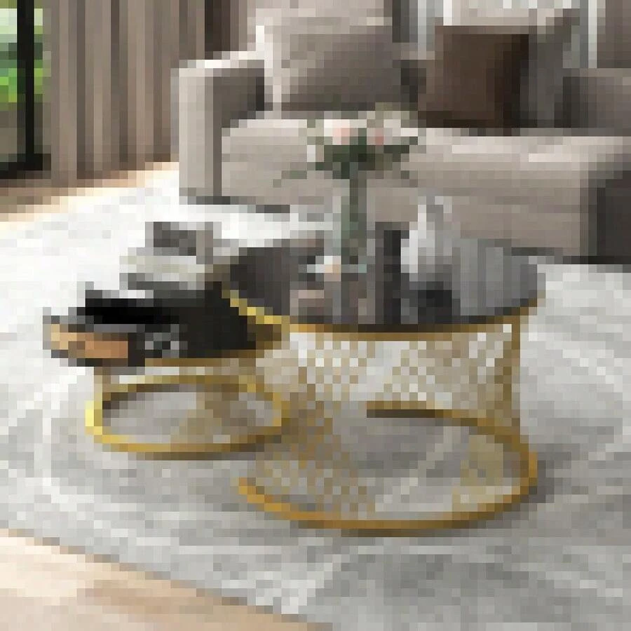 2-In-1 Round MDF Coffee Table, Side Table With Wood Top And Plastic Rattan Drawers, Solid Wood Handles, Gold Iron Legs. 70*70*45.5+50*50*38.5 - Black + MDF - View 1