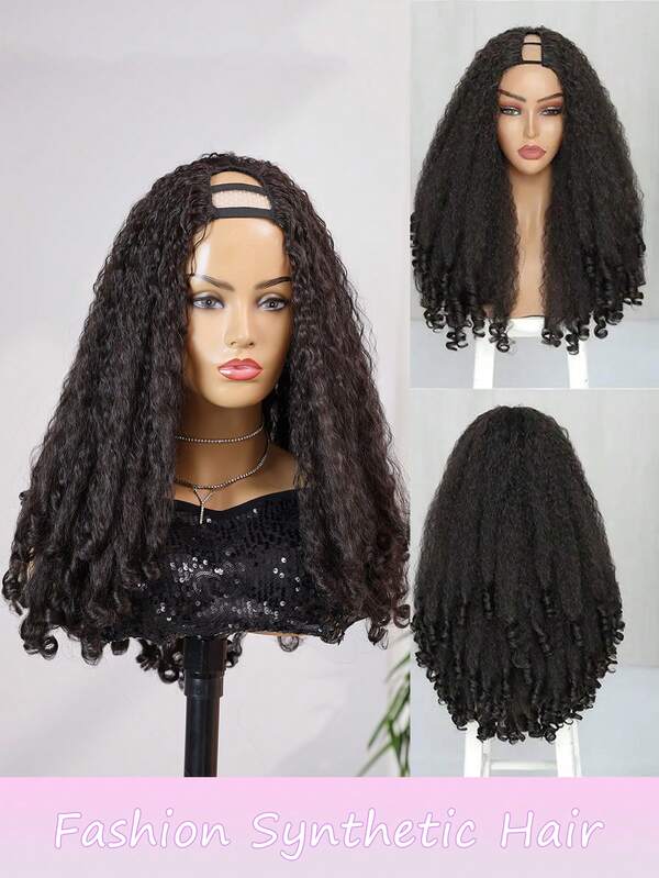Perruque afro bouclée à partie en V, cheveux tressés synthétiques avec des boucles rebondissantes uniques à l'extrémité, 20 pouces, perruque bouclée douce et complète à partie en V en fibres synthétiques pour femmes, sans mèches à laisser, demi-perruque à clipser