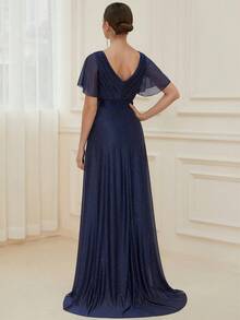 EVERPRETTY Đầm phù dâu màu xanh hải quân thanh lịch, cổ chữ V, tay bồng, đính sequin, thích hợp cho khách dự đám cưới, tiệc tối trang trọng, lễ tốt nghiệp, lễ đón năm mới và các dịp bán trang trọng. - Màu xanh hải quân - Xem 4