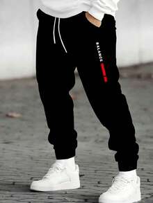 大码男士黑色“Balance”印花休闲运动慢跑裤 - 抽绳腰部，涤纶针织，舒适时尚，适合秋季户外活动、运动休闲穿着 | 时尚运动裤 | 涤纶针织裤 - 黑色 - 查看 1