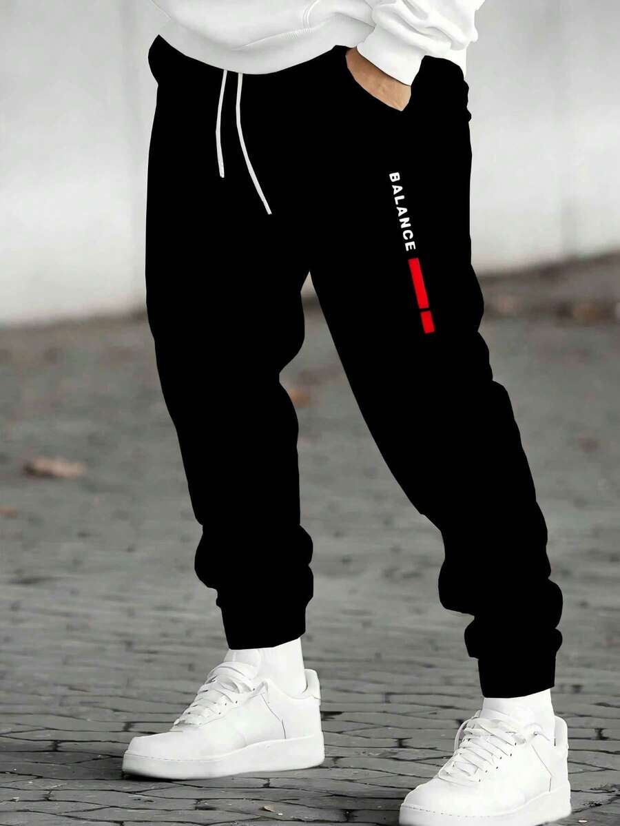大码男士黑色“Balance”印花休闲运动慢跑裤 - 抽绳腰部，涤纶针织，舒适时尚，适合秋季户外活动、运动休闲穿着 | 时尚运动裤 | 涤纶针织裤 - 黑色 - 查看 1
