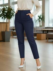 Women's Solid Gray Slim-Fit Suit Pants - High Waist Office Commuter Trousers With Pockets - 藏蓝色 - 查看 4