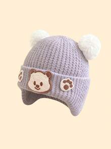 1pc 0-6 Months Baby Cartoon Bear Pom Pom Decorated Earflap Knit Hat, Warm & Versatile Cute Newborn Winter Cap, Suitable For Holiday Gifts And Daily Outdoor Use - Multicolor - View 9