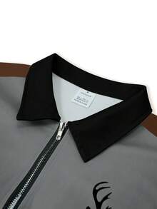 Men's Polo Shirt, Colorblock Deer Print Half-Zip Collar Long Sleeve Polo Top, Suitable For Casual Daily Wear, Outdoor Activities, Golf And More, Spring/Autumn - Grey - View 4