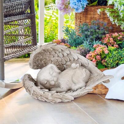 Memorial Stone Cat, Dog Statue, Angel Wings Resin Statue, Weatherproof Garden Figure, Cat And Dog Memorial Tombstone