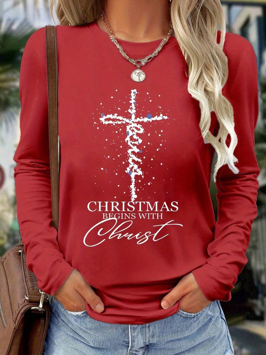 Women's Christian Christmas T-Shirt-"Christmas Begins With Christ" Long Sleeve Top With Cross And Bible Verse Print, Soft Blended Fabric, Breathable Round Neck Design, Suitable For Leisure And Office Occasions, Machine Washable Faith Theme Clothing, Suitable For Church Activities And Daily Wear, Festival Shiny Cross Pattern, Loose Design, Suitable For All Seasons, Multi-Functional Holiday Dress-Women's Long Sleeve T-Shirt-Holiday Print Closing - Red - View 1