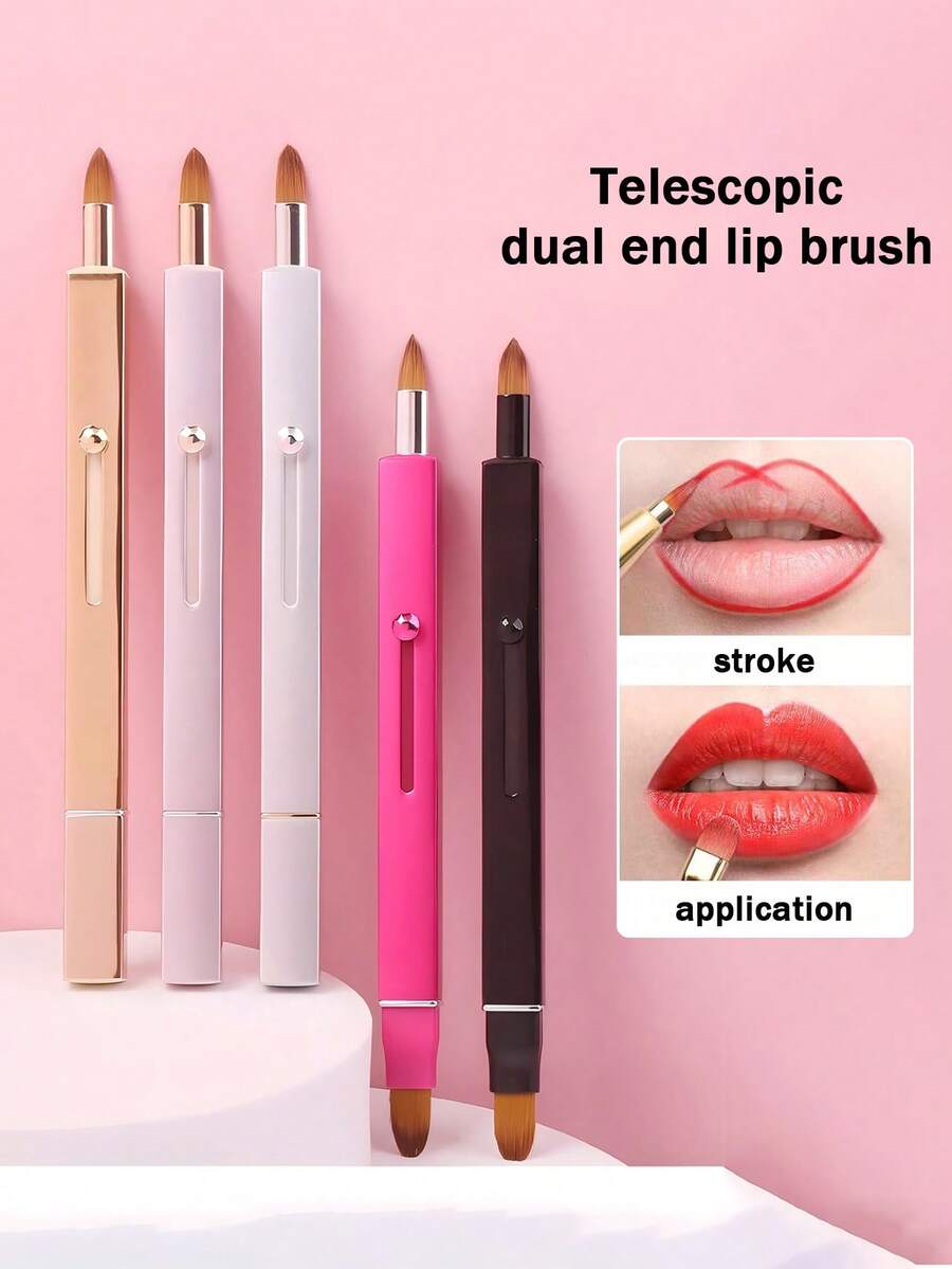 Double Head Lip Brush Lipstick Brush Metal Telescopic Lip Line Brush Concealer Brush Belt Dust Cover Portable Storage Multi-Purpose Makeup Tools