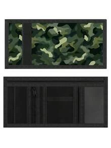 男童/青少年迷彩印花卡包，时尚绿色迷彩设计，男童三折钱包，带现金隔层、信用卡/身份证卡槽、零钱袋，适合男童/青少年/幼童