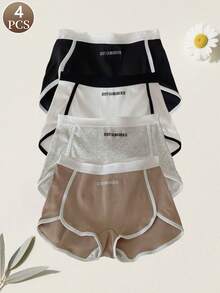 4条装女士运动风时尚撞色字母印花中腰柔软舒适休闲平角内裤 - 彩色 - 查看 1