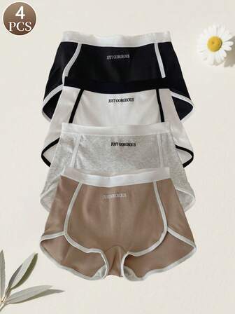 4 piezas de bragas de mujer con estilo deportivo, color block con estampado de letras, cintura media, suave y cómoda, calzoncillos tipo bóxer casuales para mujer
