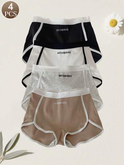 4条装女士运动风时尚撞色字母印花中腰柔软舒适休闲平角内裤