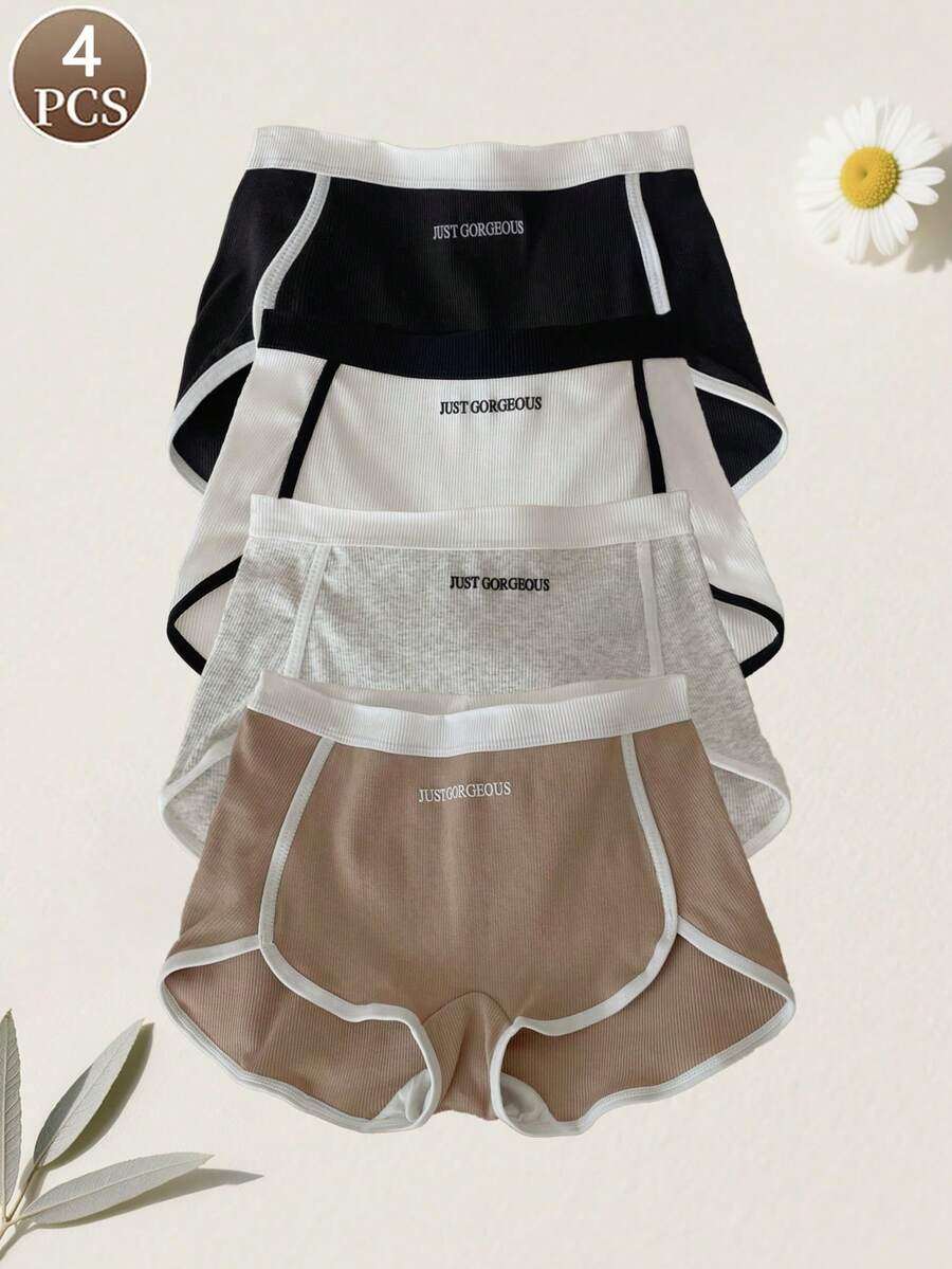 4条装女士运动风时尚撞色字母印花中腰柔软舒适休闲平角内裤 - 彩色 - 查看 1