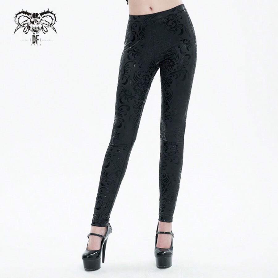 Devil fashion 1件哥特式五芒星印花亮面紧身裤,适合暗黑派对、春秋季穿着。 - 黑色 - 查看 1