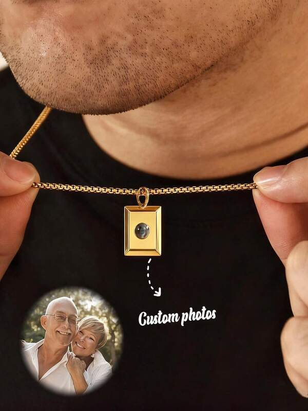 1pc Customized Photo Necklace, Stainless Steel Chain With Pearl Pendant, Personalized Projection Square Pendant, Unisex Fashion Simple Handmade Jewelry, Couple Necklace, Anniversary Gift For Dad, Girlfriend, Mom, Wife, Lover, Friend, Boyfriend, Suitable For Daily Wear, Birthday, Anniversary, Graduation, Wedding, Party, Holiday Celebration, Autumn Fashion, Classic, Minimalist, Customized, Personalized, Punk, Men's Necklace, Mother's Day, Valentine's Day, Christmas Gift