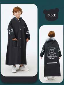 儿童带帽雨衣，带背包储物空间 - 绿松石色 EVA 全身雨衣，适合男孩和女孩，可重复使用，弹性袖口，拉链闭合，小熊和“RAIN BEACH”图案，非常适合上学、户外活动和休闲穿着。