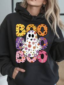 Women's Hoodie With Boo Ghost Floral Pumpkin Print - Simple Design, This Hoodie Is Warm And Comfortable, And Comes With Spacious Kangaroo Pocket.Perfect For Everyday Wear And Various Occasions, Showcasing Natural Elegance.It's An Essential Gift Choice And A Comfortable Layering Item Suitable For All Seasons.Machine Washable For Easy Care.Local Delivery Service Available. - Black - View 1