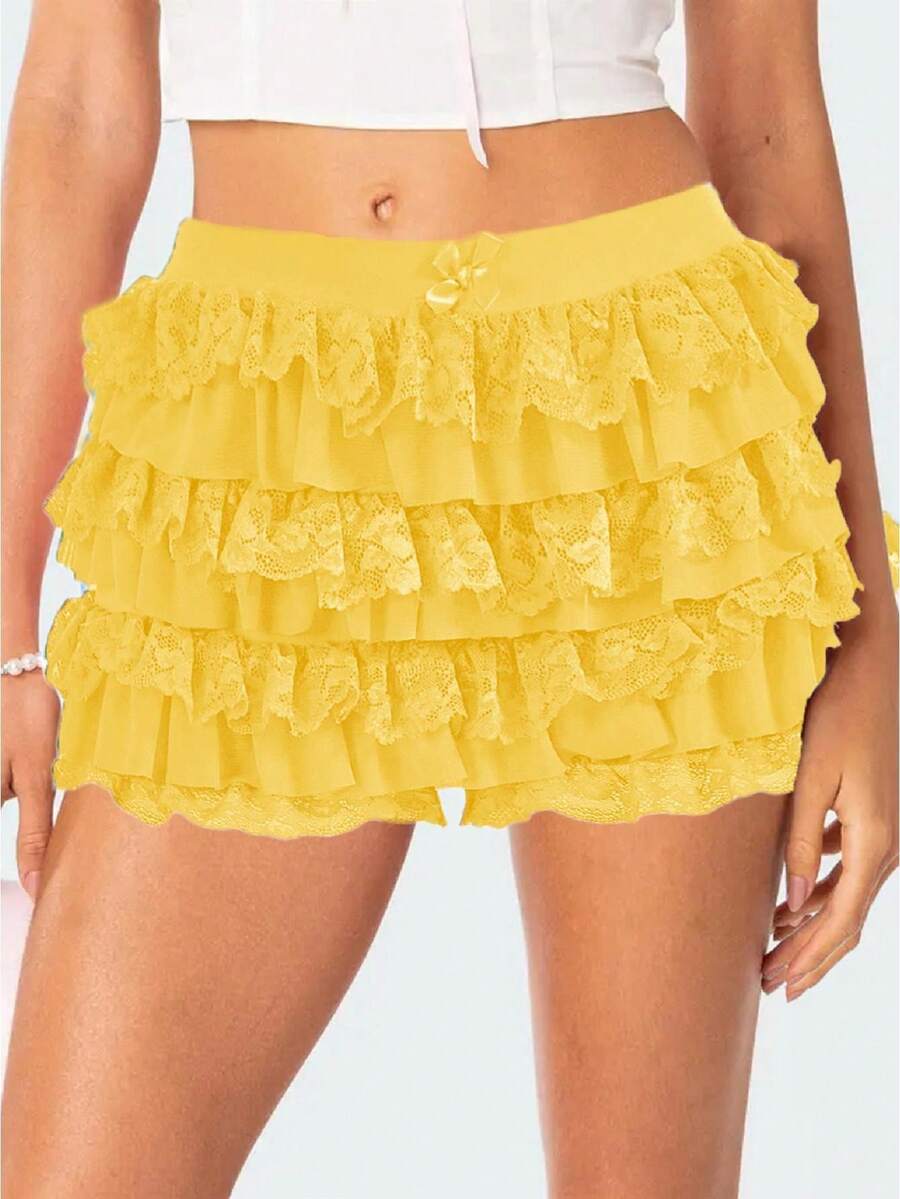 Women Lace Mini Bloomers Skirt Y2k Ruffle Low Waist Layered Lolita Half Slip Skirt Pleated Flowy Short Underskirt - 黃色 - 查看 1